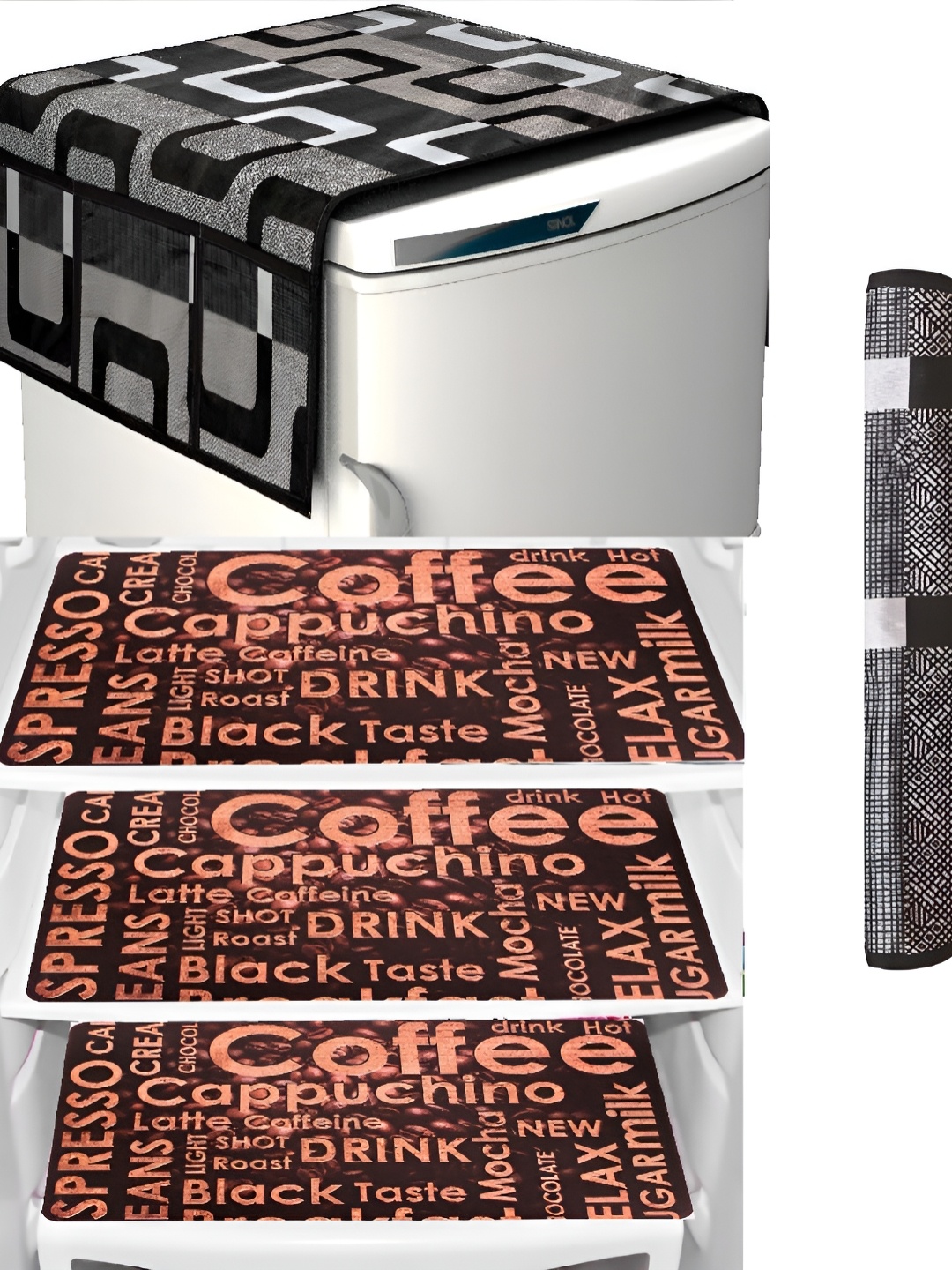 

REVEXO Black & Brown 5Pcs Printed Fridge Top Cover & Mats