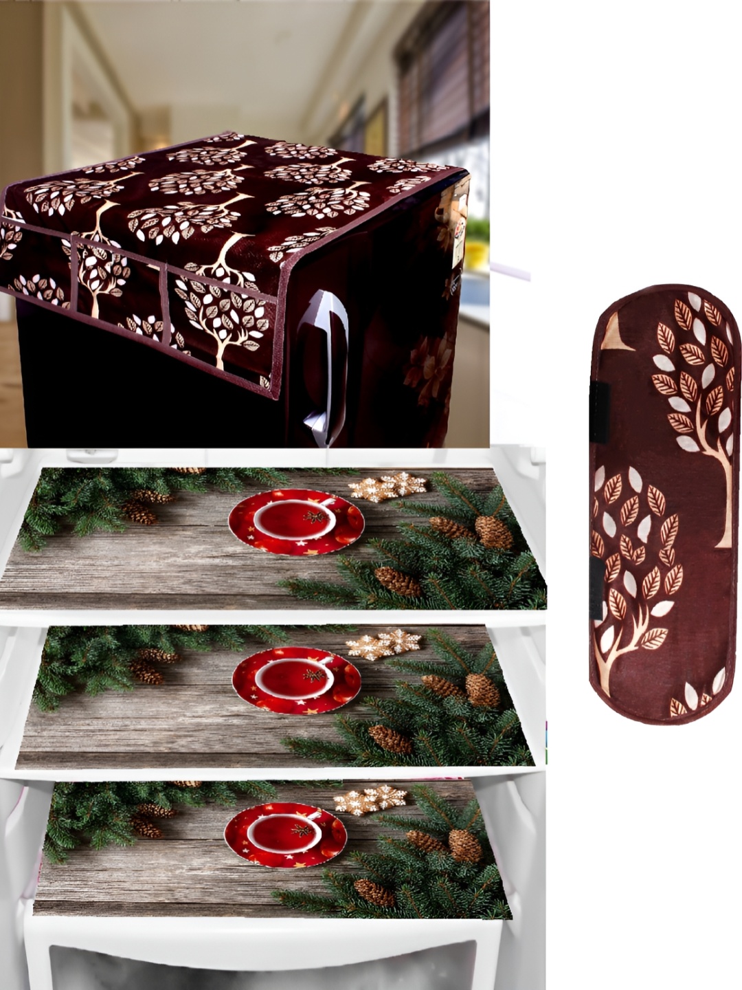 

REVEXO Brown & Green 5 Pieces Printed Fridge Top Cover & Mats