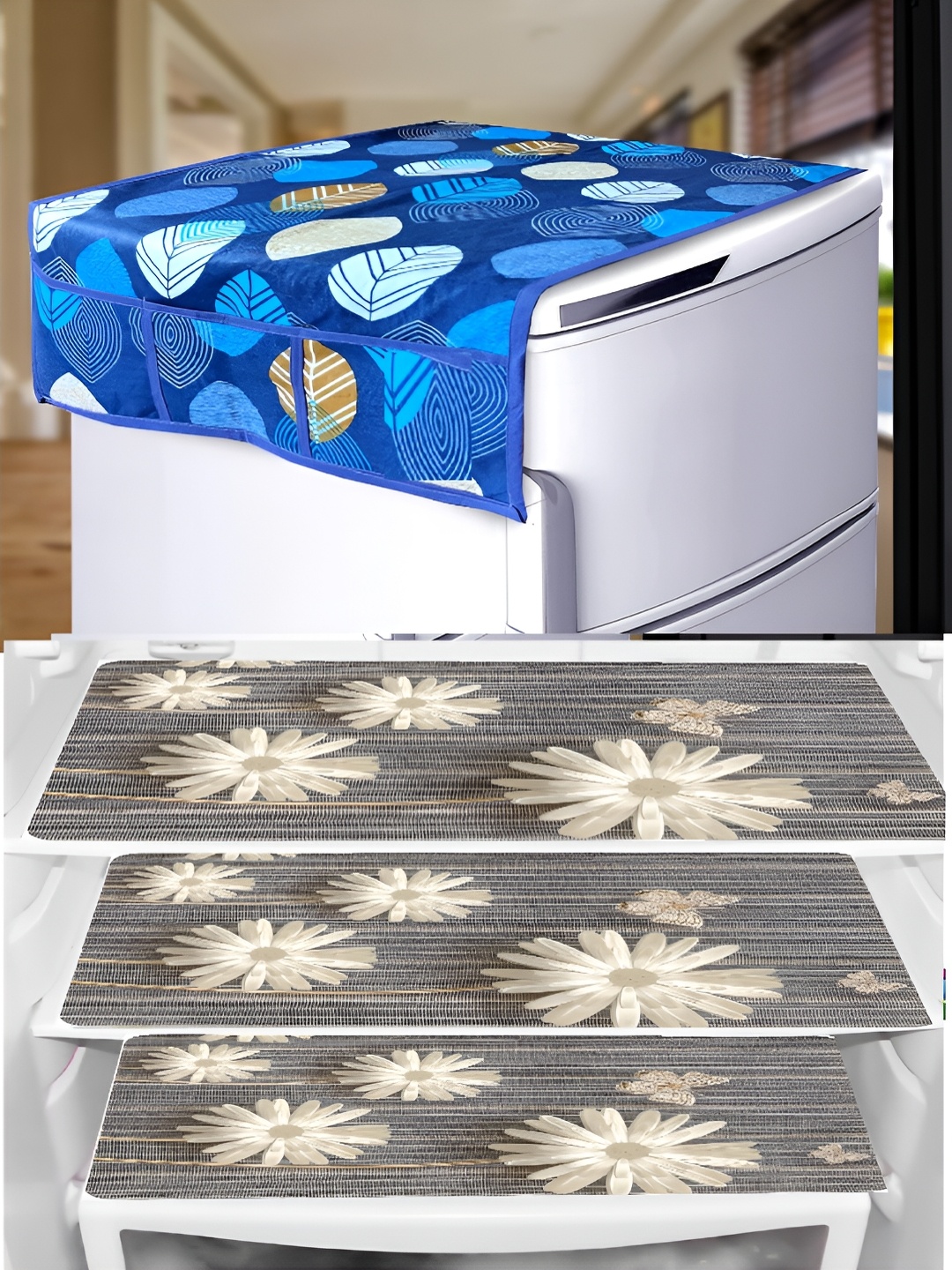 

REVEXO Blue & Grey 4 Pieces Printed Fridge Appliance Covers