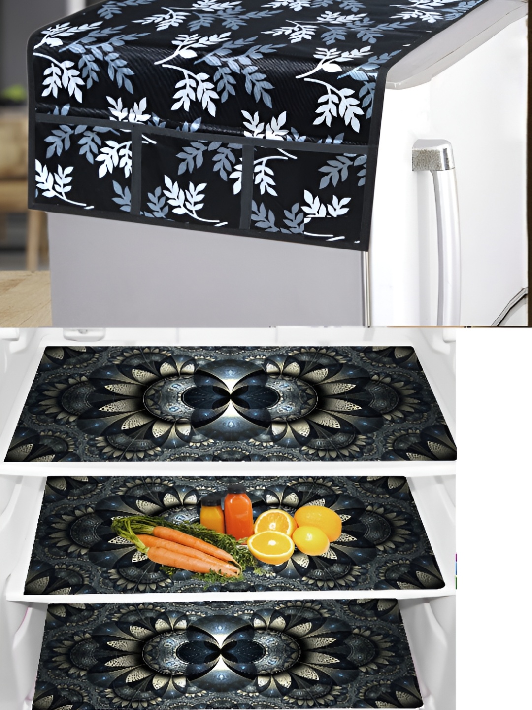 

REVEXO Black & Yellow 4 Pieces Printed Fridge Cover & Mats