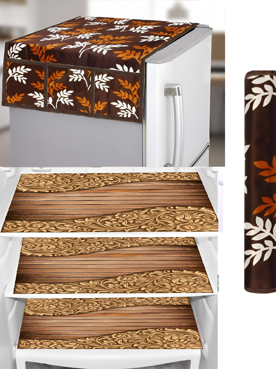 

REVEXO Brown & Beige 5 Pieces Printed Fridge Top Cover Handle Covers & Mats