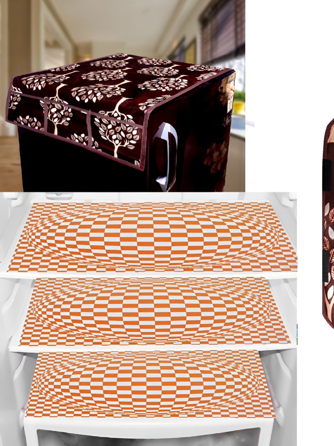 

REVEXO Brown & Orange 5 Pieces Coloured Printed Fridge Appliance Cover