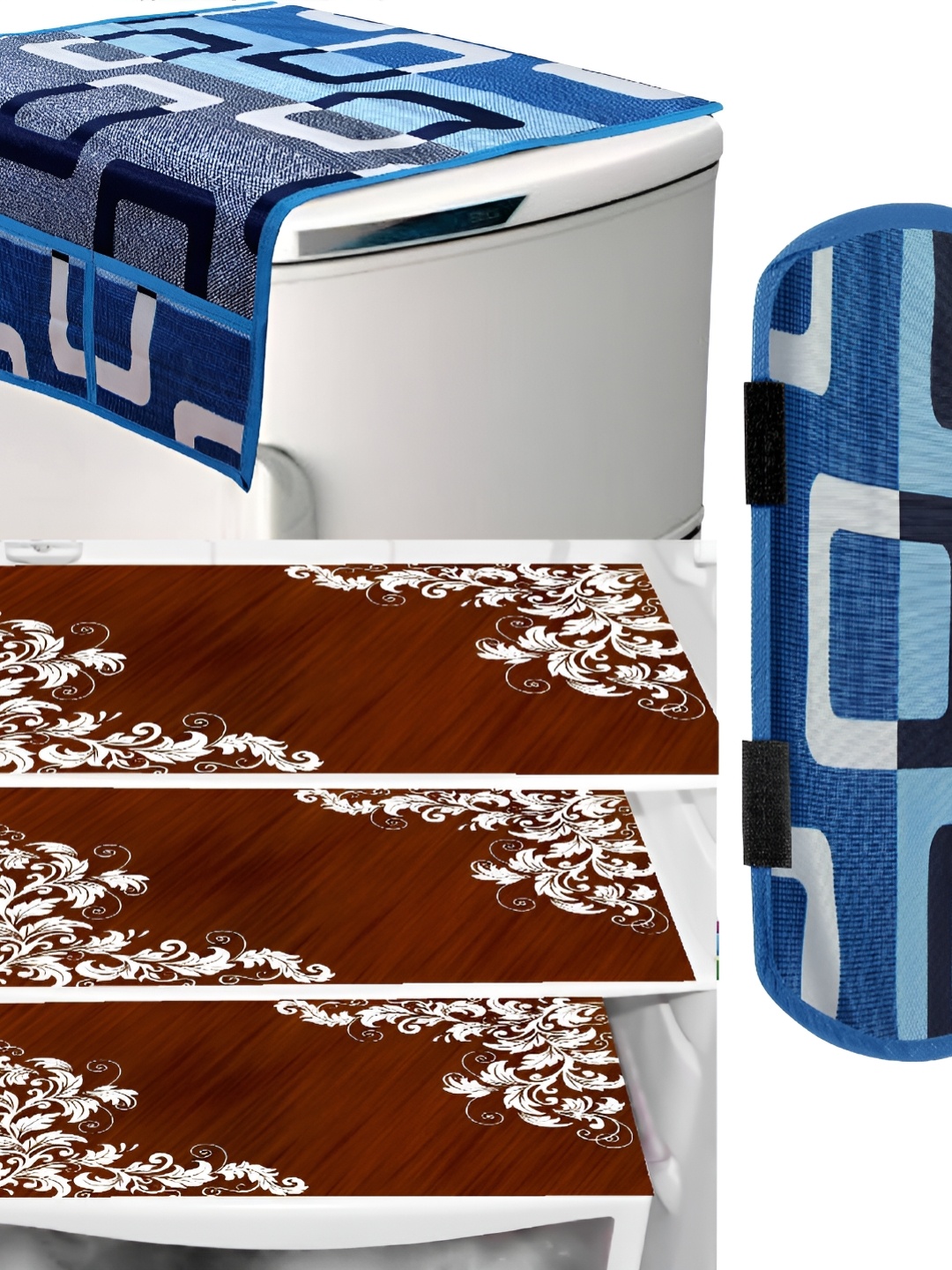 

REVEXO Blue & Brown 5 Pieces Printed Fridge Cover & Mat