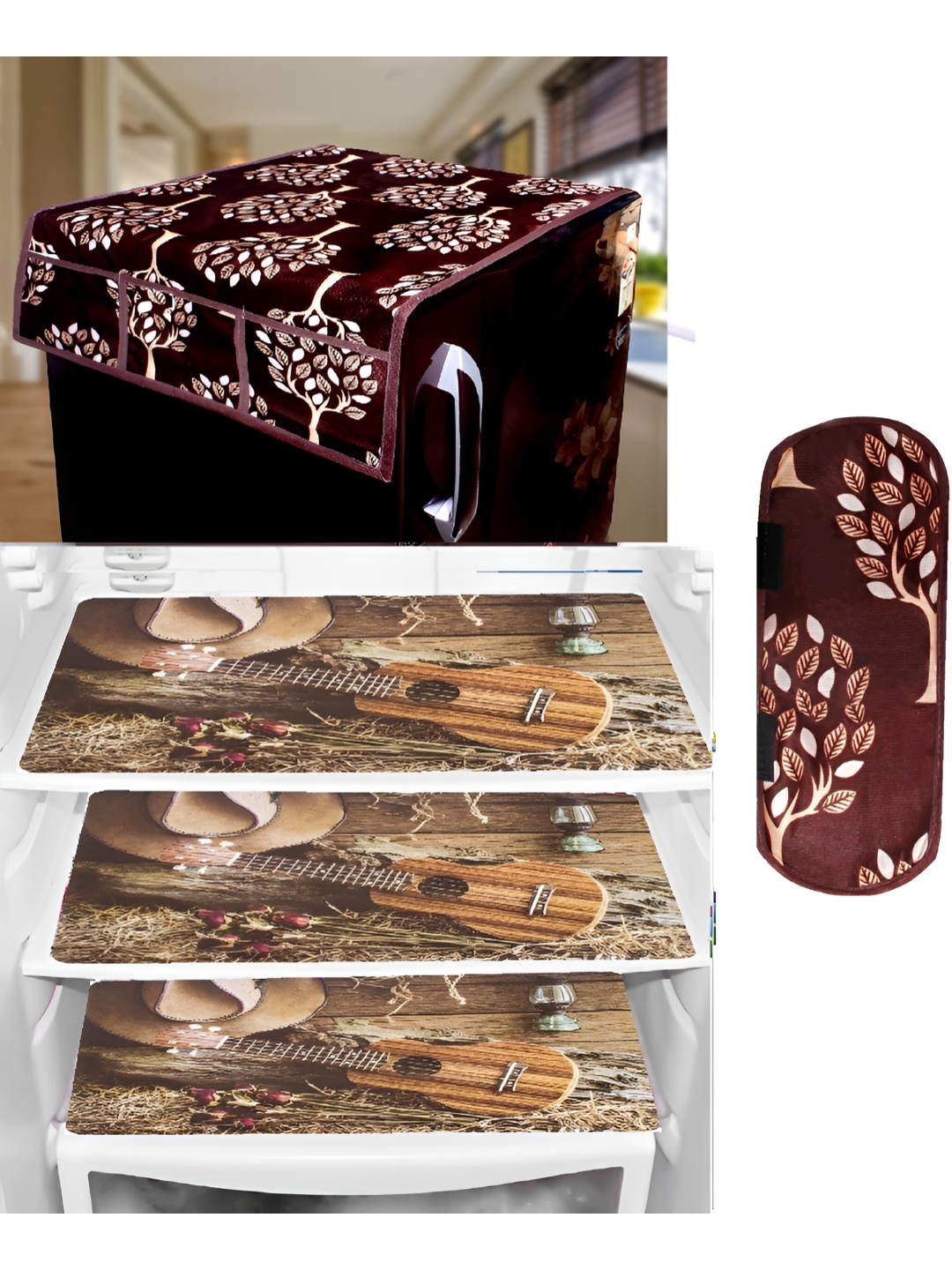 

REVEXO Maroon & Brown 5 Pieces Printed Refrigerator Cover With Mats & Handle Cover