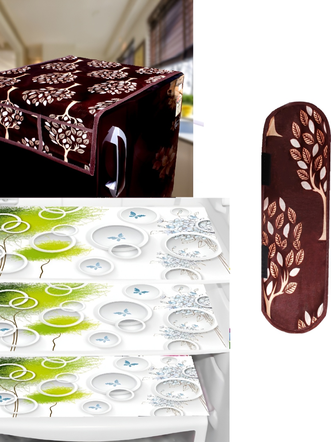 

REVEXO Brown & Green 5 Pieces Printed Fridge Appliance Cover