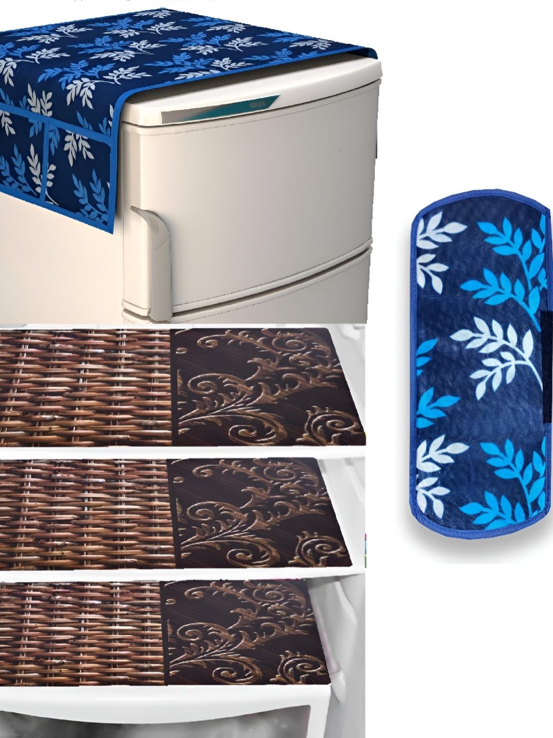 

REVEXO Blue & Brown 5 Pieces Floral Printed Fridge Appliance Covers
