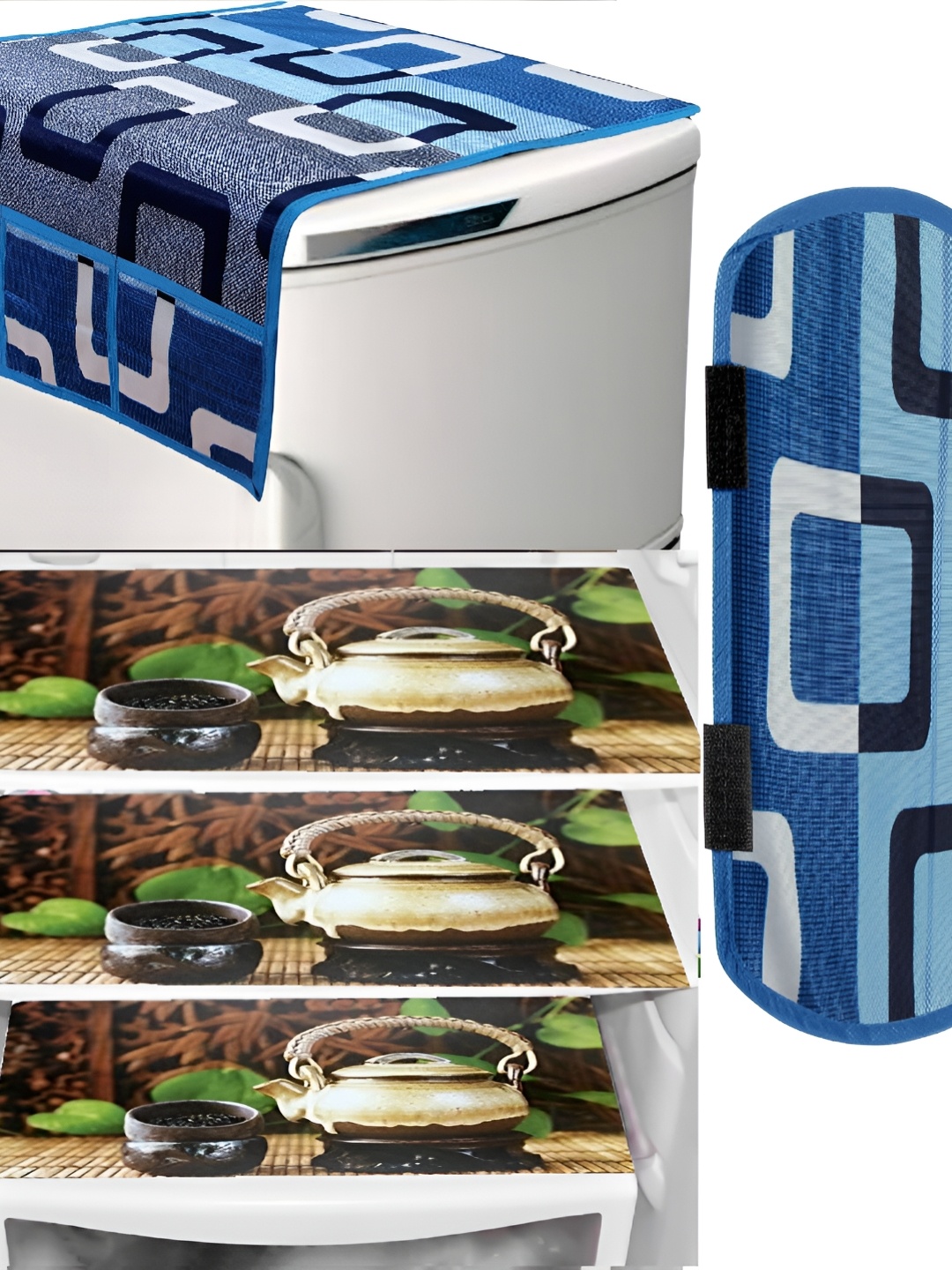 

REVEXO 5-Pcs Blue & Brown Printed Fridge Appliance Cover