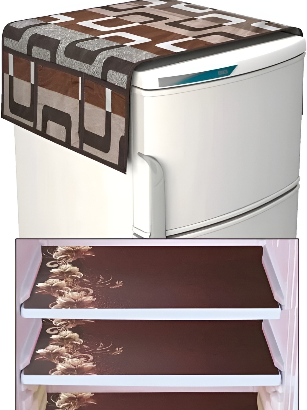 

REVEXO Brown & White 5 Pieces Geometric Printed Fridge Appliance Covers