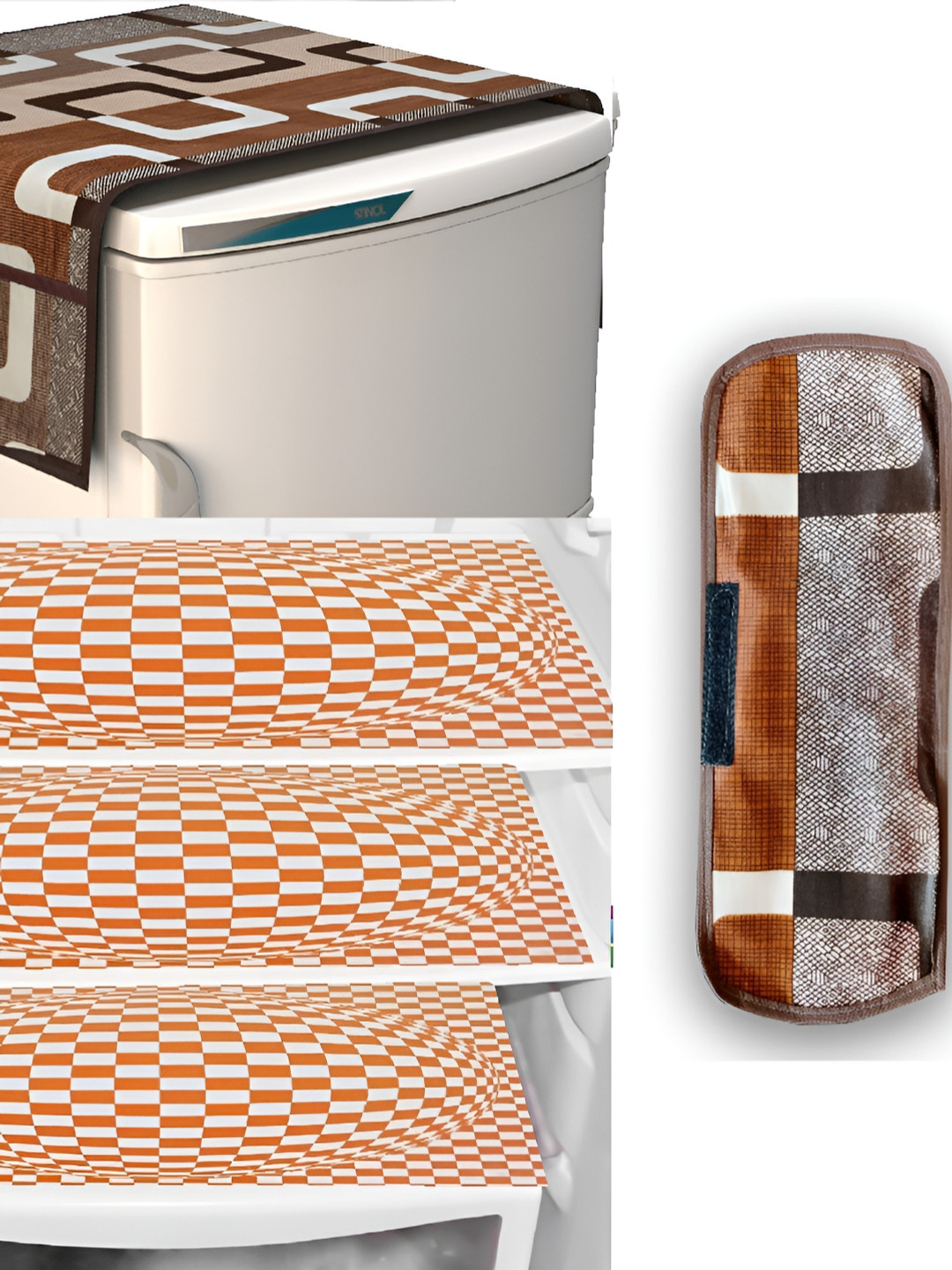 

REVEXO Brown & Orange 5 Pieces Geometric Printed Fridge Appliance Covers