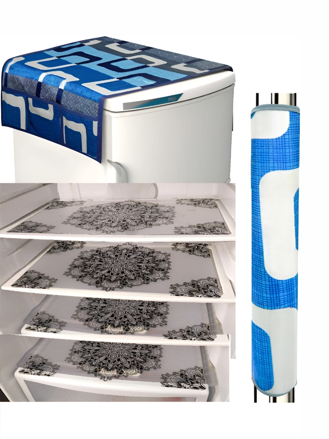 

REVEXO Blue & Black 7 Pieces Fridge Mat Fridge Handle & Fridge Cover