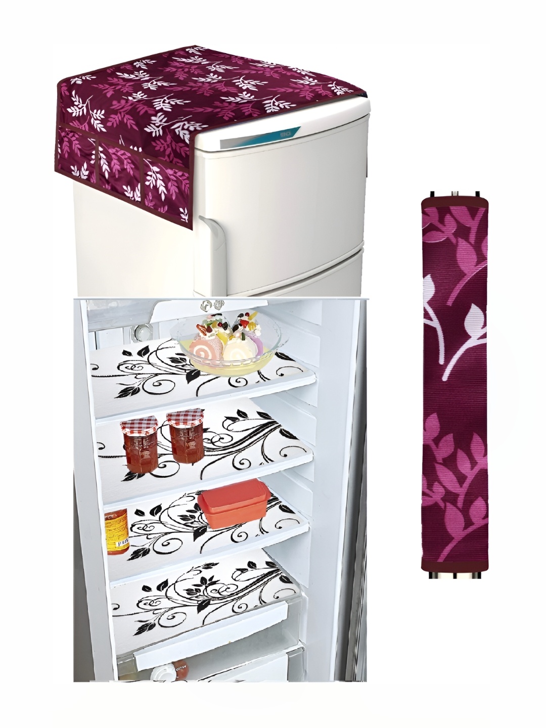 

REVEXO Maroon & White 6 Pieces Floral Printed Fridge Appliance Covers