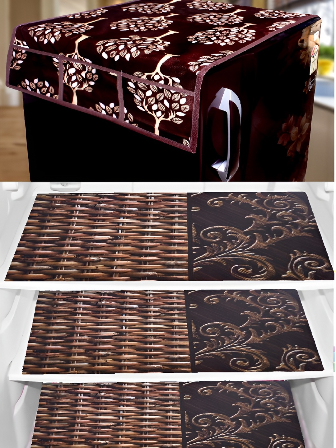 

REVEXO Maroon & Brown 4 Pieces Printed Fridge Appliance Covers