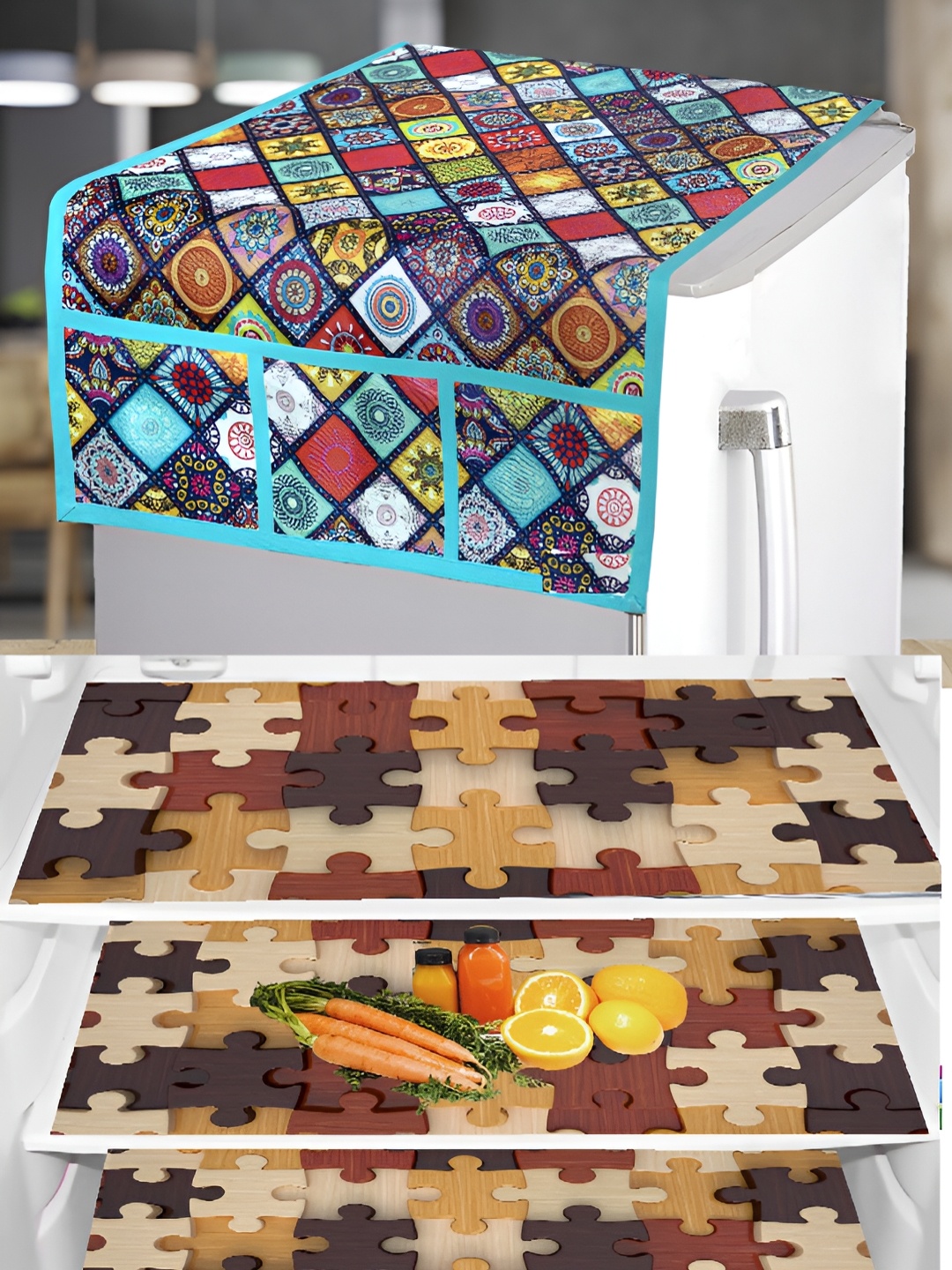 

REVEXO Brown 6 Pieces Printed Refrigerator Cover, Blue