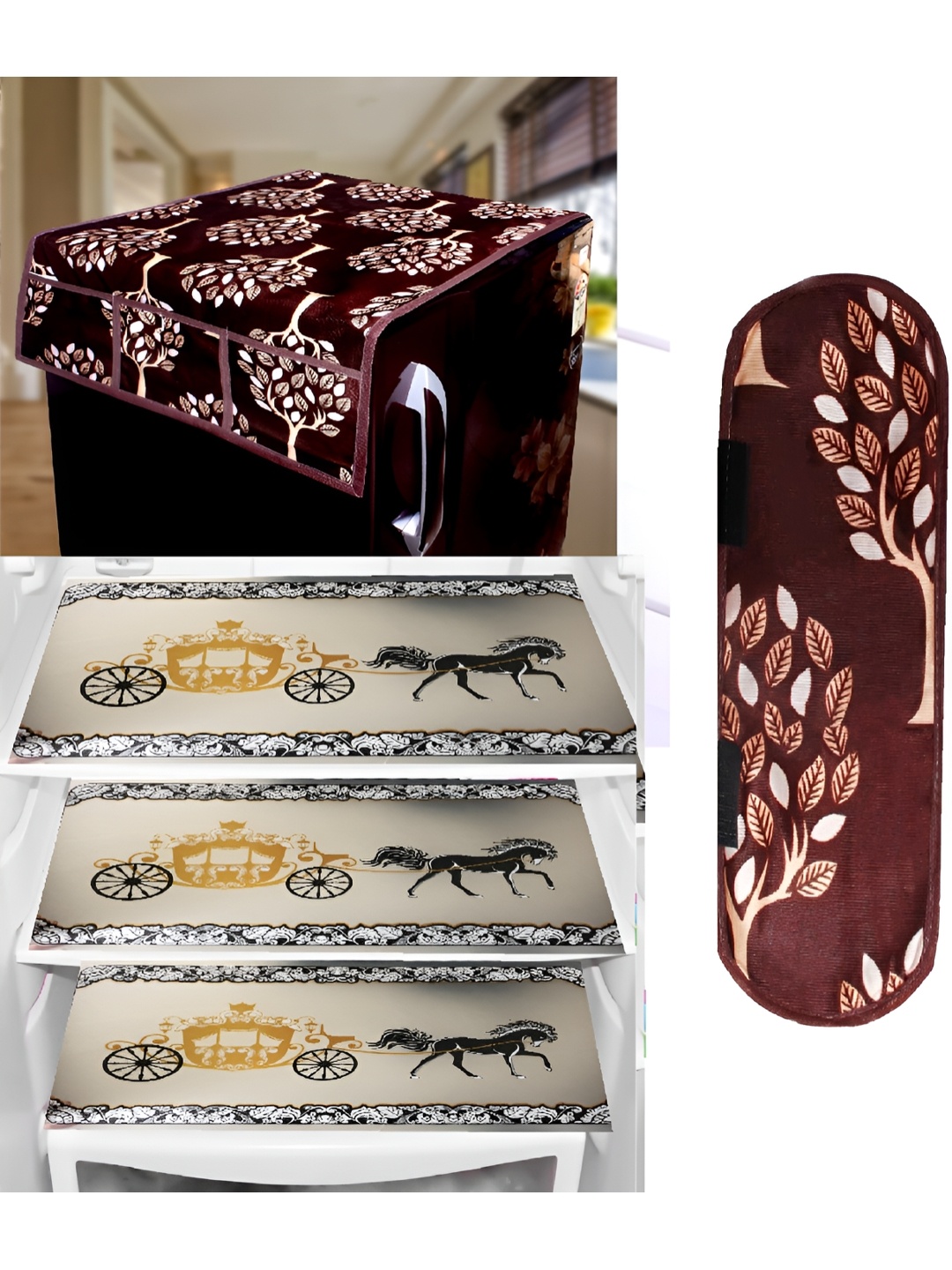 

REVEXO Brown & Beige 5 Pieces Printed Fridge Appliance Cover
