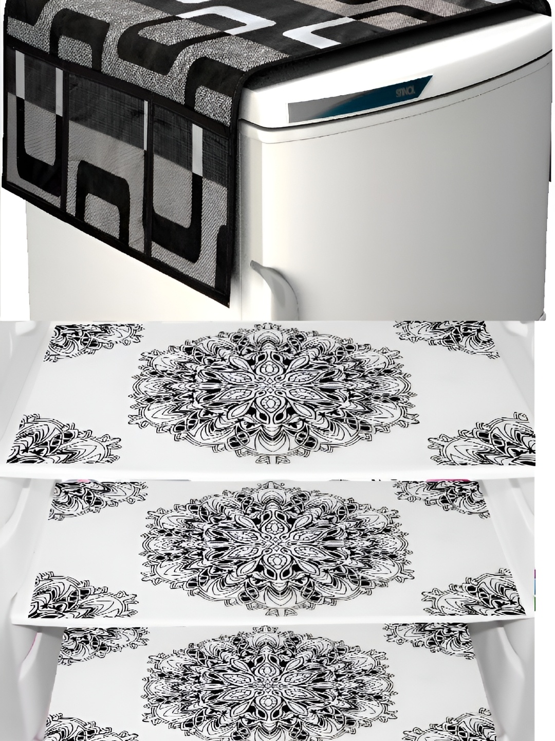 

REVEXO Black & White 4 Pieces Printed Refrigerator Cover With Mats