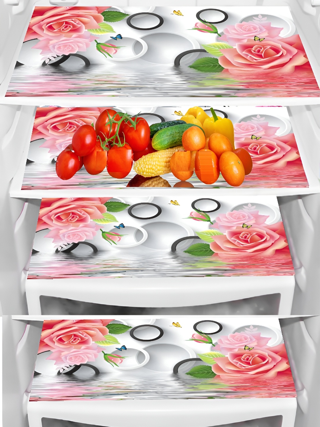 

REVEXO Transparent & Pink 4 Pcs Printed Water Resistant Shelf Liner Fridge Mats