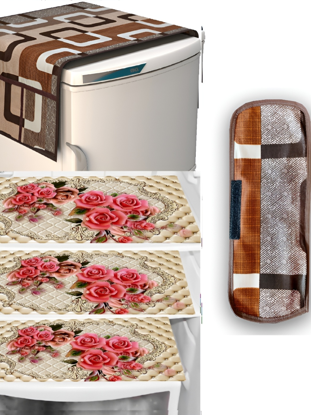 

REVEXO 5 Pieces Brown & Pink Printed Fridge Appliance Covers