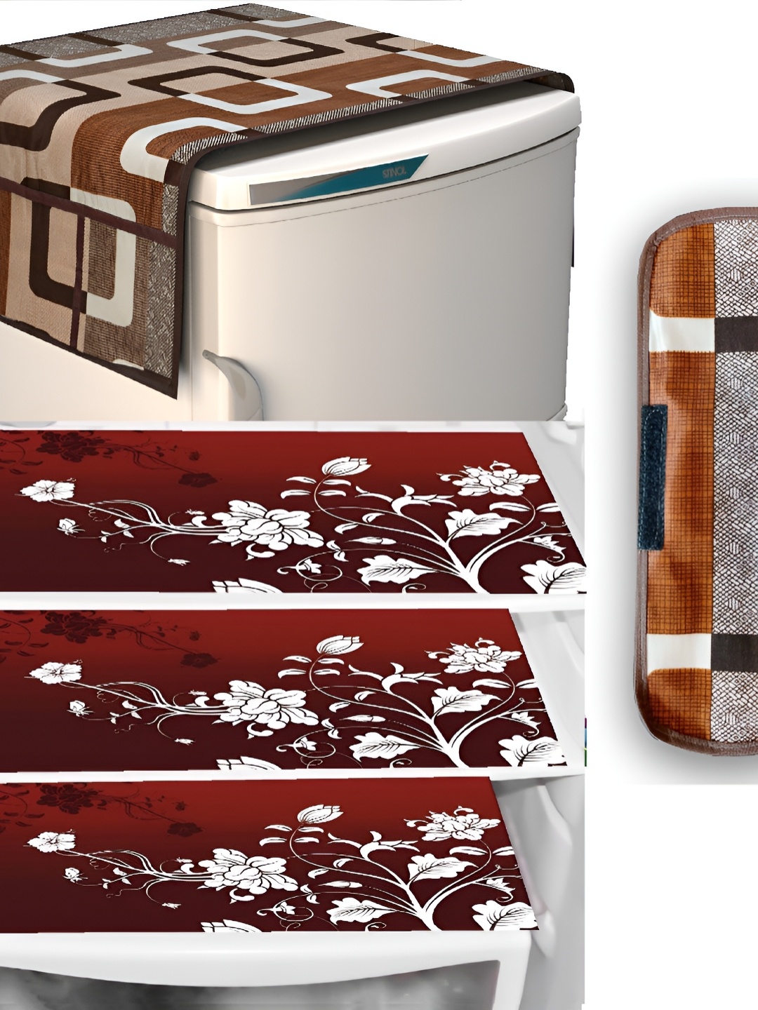 

REVEXO 5 Pieces Brown & White Refrigerator Covers Mats & Handle Cover