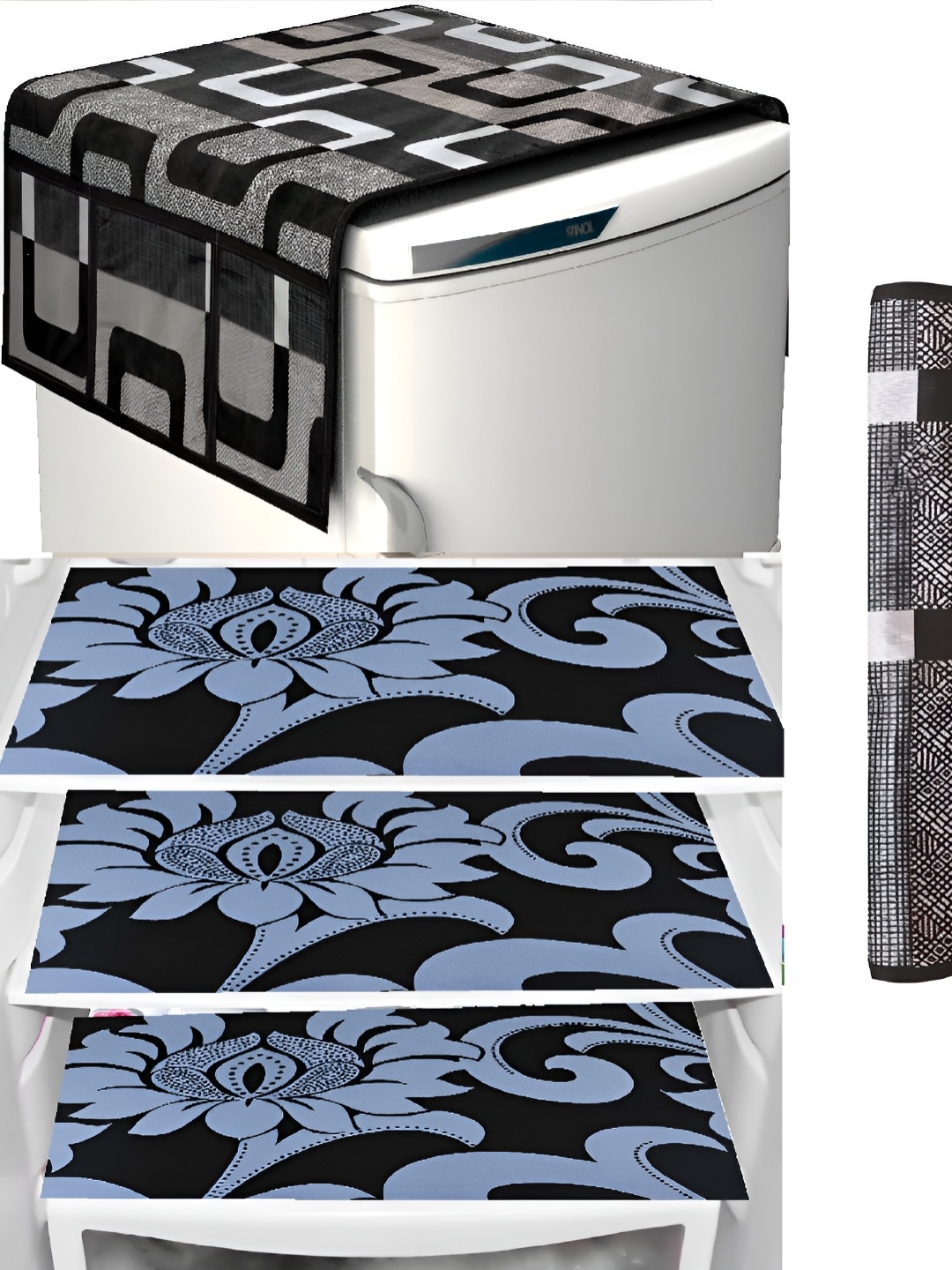 

REVEXO 5 Pieces Black & grey Printed Fridge Appliance Cover