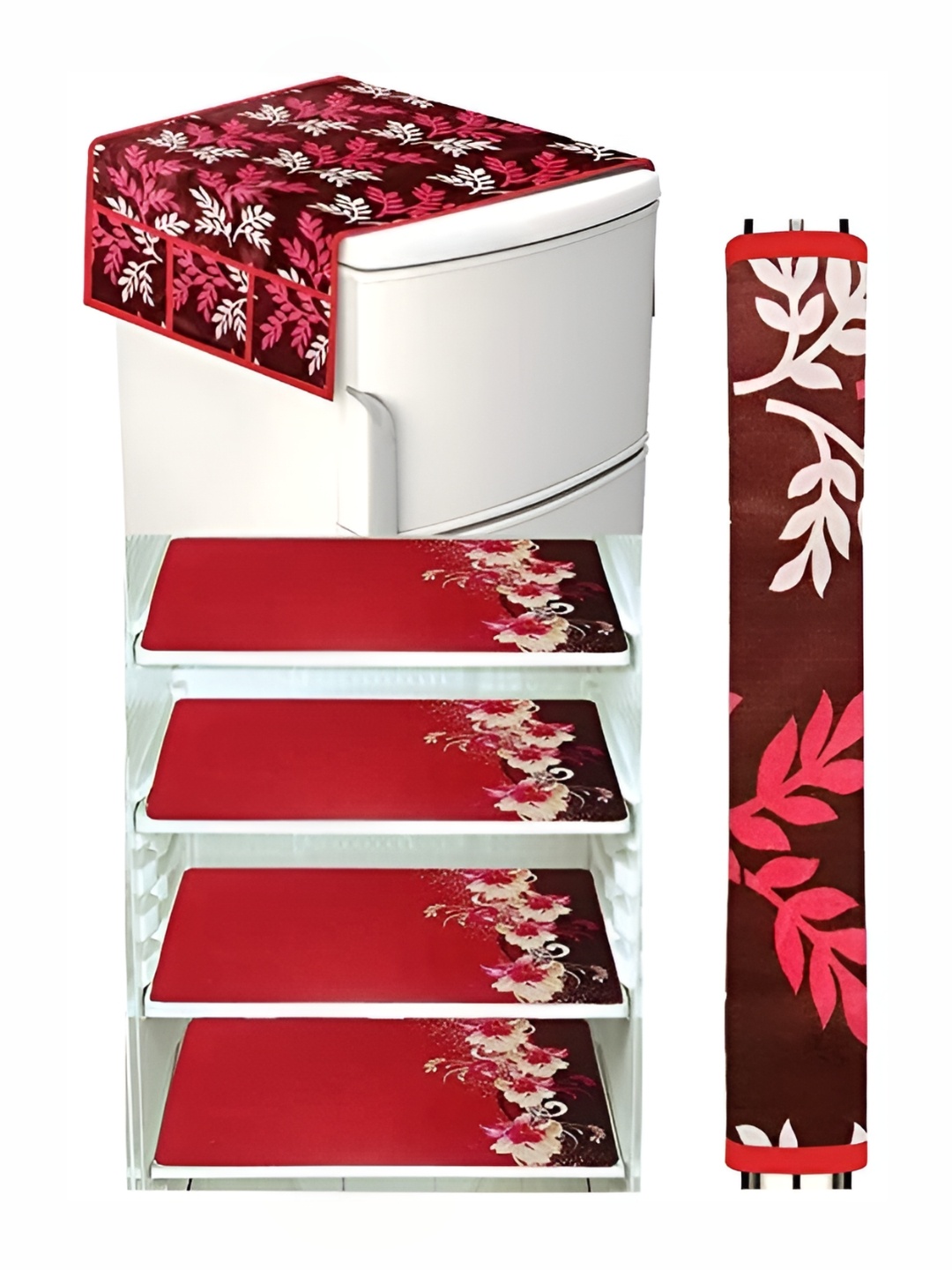 

REVEXO Black & Burgundy 6 Pieces Printed Fridge Top Cover Handle Covers & Mats, Maroon