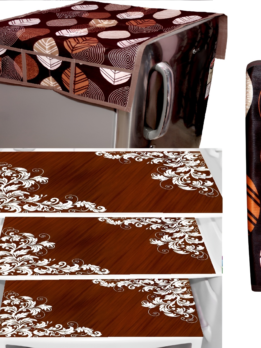 

REVEXO 5 Pcs Beige & Maroon Printed Fridge Top Cover Handle Covers & Mats