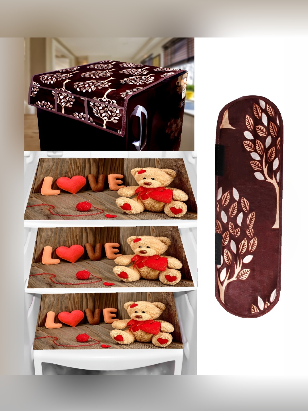 

REVEXO Brown & Red 5 Pieces Printed Fridge Appliance Cover