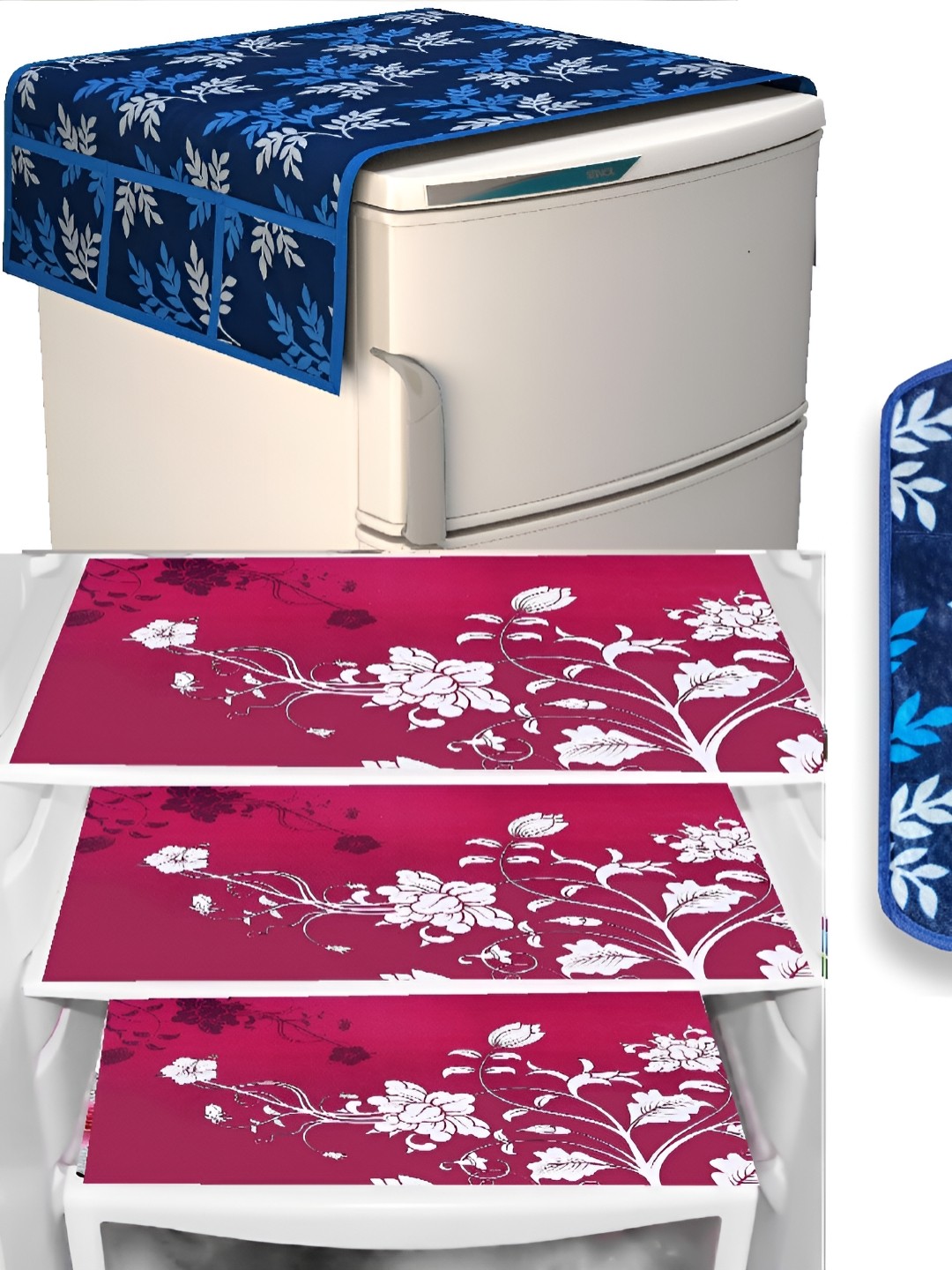 

REVEXO Pink & Blue 5 Pieces Printed Fridge Top Cover Handle Covers & Mats