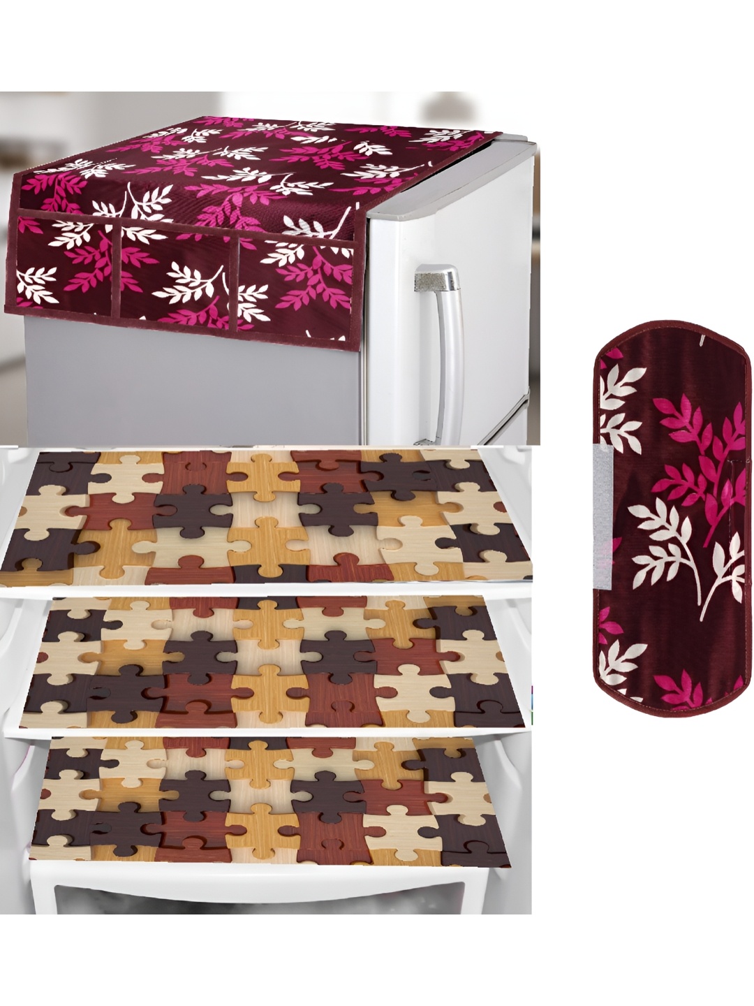 

REVEXO Brown & Pink 5 Pieces Printed Fridge Top Cover Handle Covers & Mats