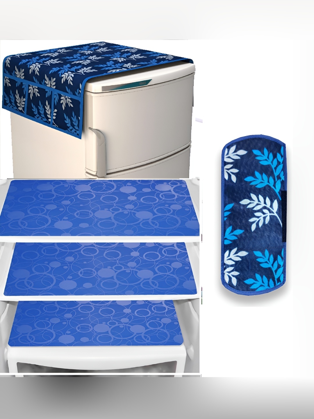 

REVEXO White & Blue 5 Pieces Floral Printed Fridge Top Cover Handle Covers & Mats