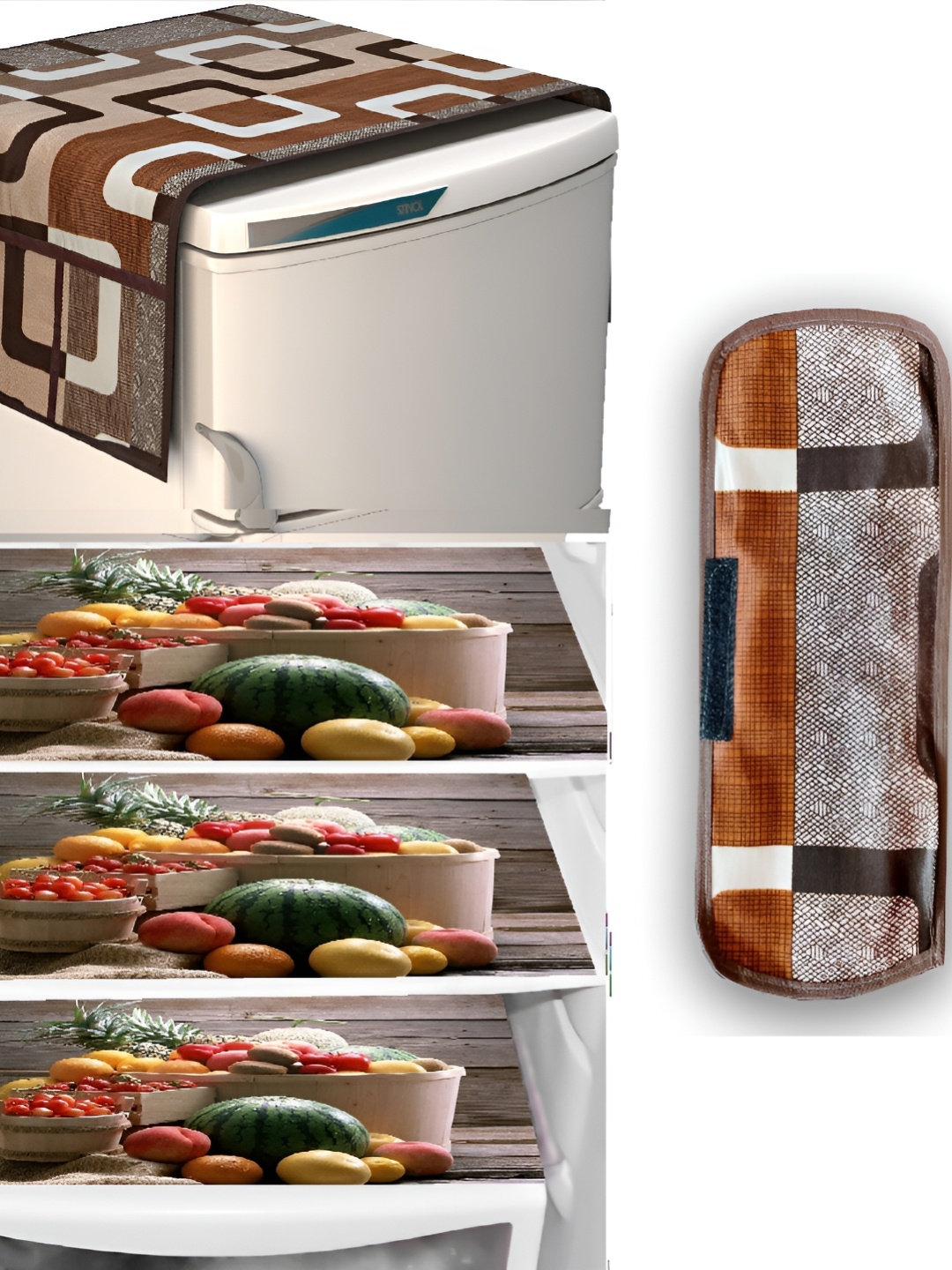 

REVEXO Brown & Grey 5 Pieces Refrigerator Covers Mats & Handle Cover