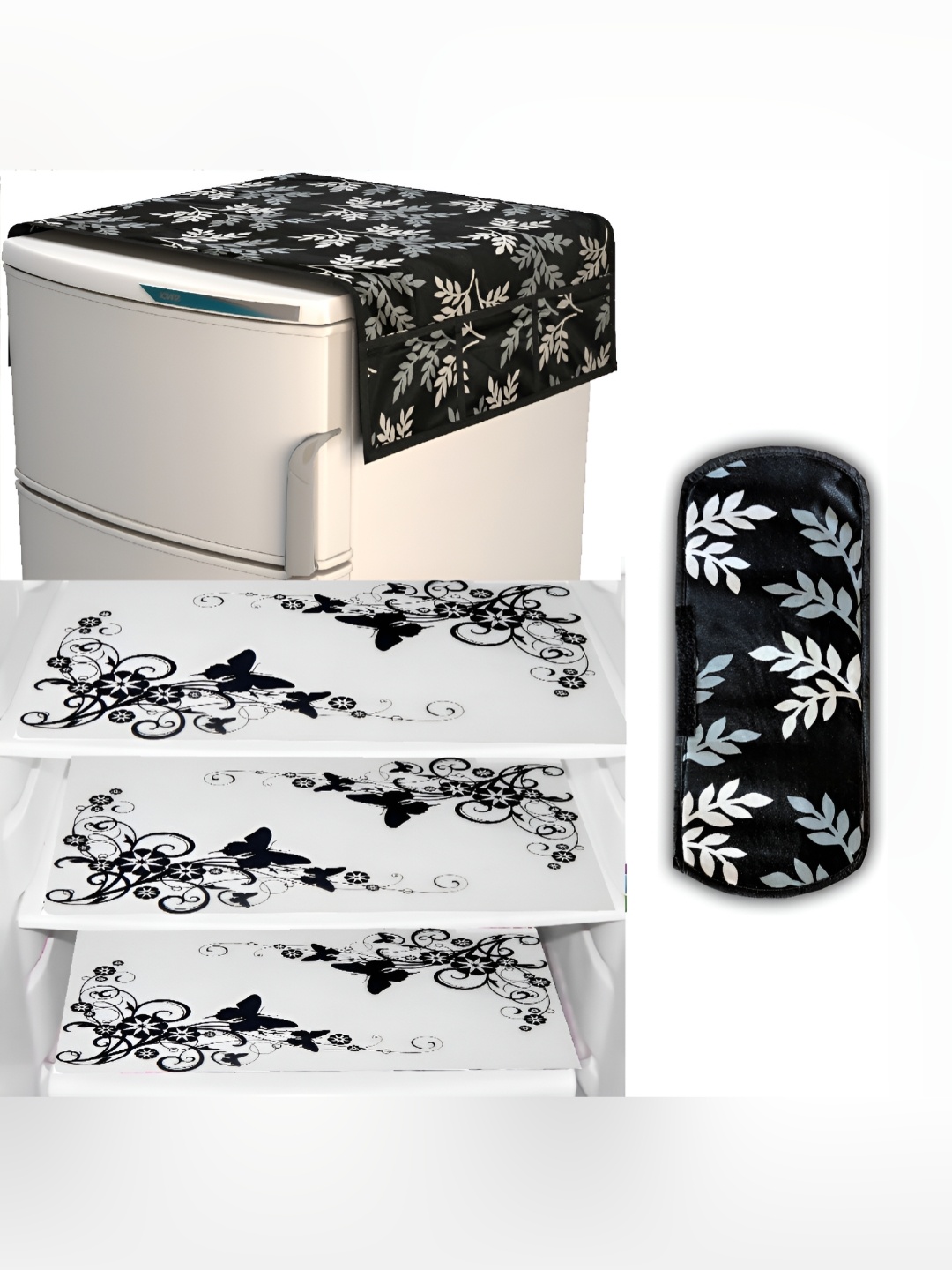 

REVEXO Black & Maroon 5 Pcs Printed Fridge Appliance Cover
