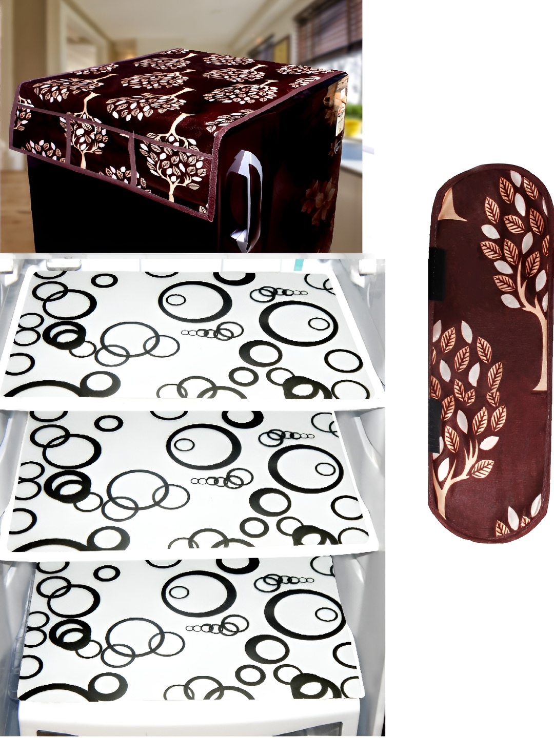 

REVEXO Brown & White 5 Pieces Refrigerator Covers Mats & Handle Covers