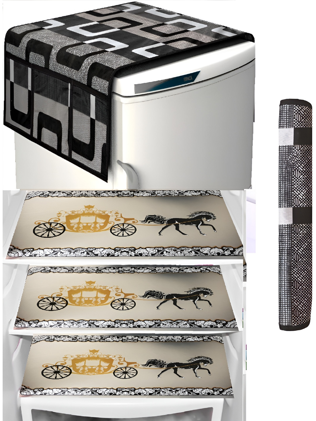 

REVEXO Black & Beige 5 Pieces Printed Fridge Appliance Cover With Mats & Handle