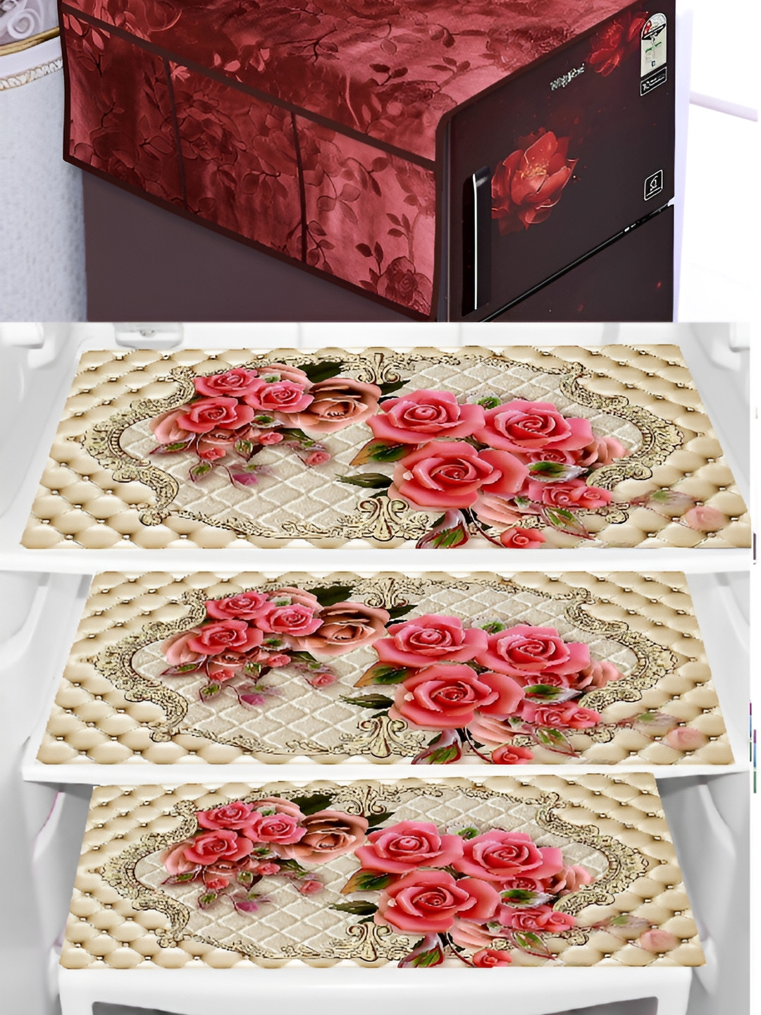 

REVEXO Maroon & Pink 5 Pieces Refrigerator Covers Mats & Handle Cover