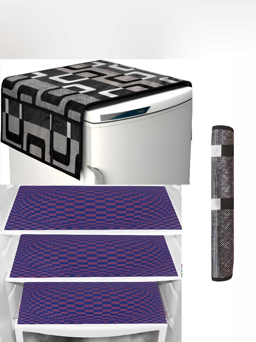 

REVEXO Black & Purple 5 Pieces Printed Fridge Top Cover Handle Covers & Mats