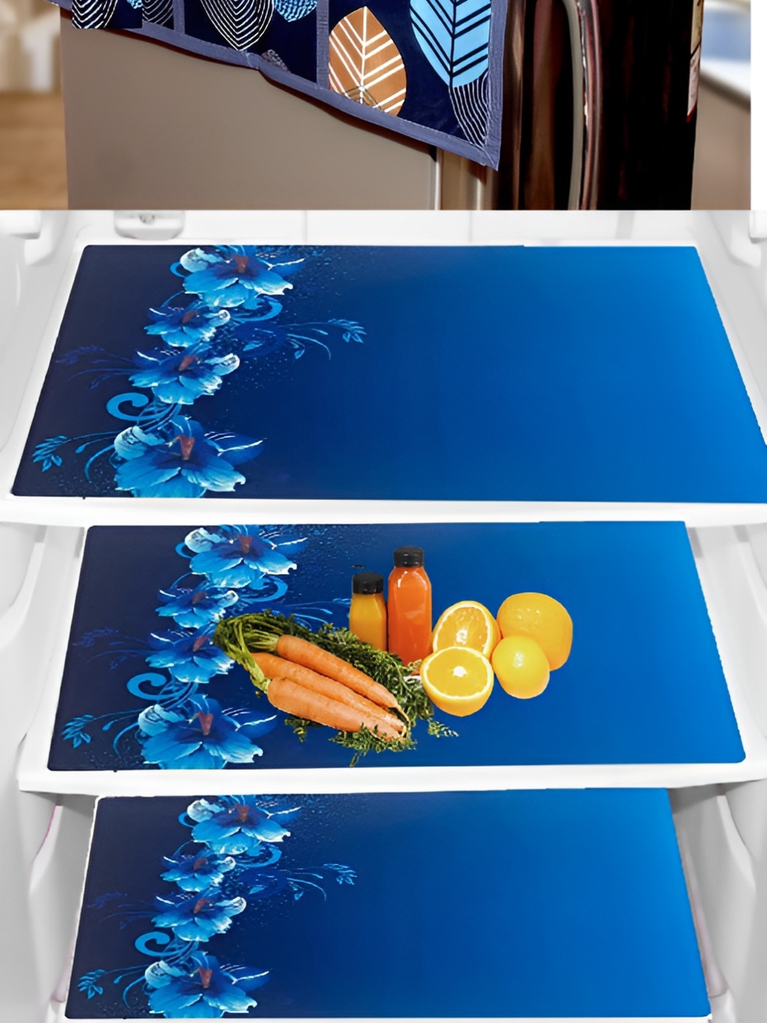 

REVEXO White & Blue 5 Pieces Printed Fridge Top Cover Handle Covers & Mats
