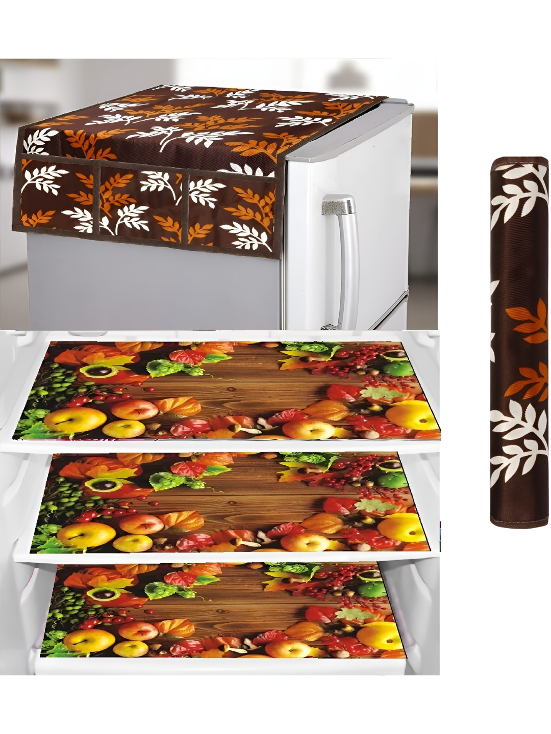 

REVEXO Brown & Yellow 5 Pieces Printed Fridge Appliance Cover