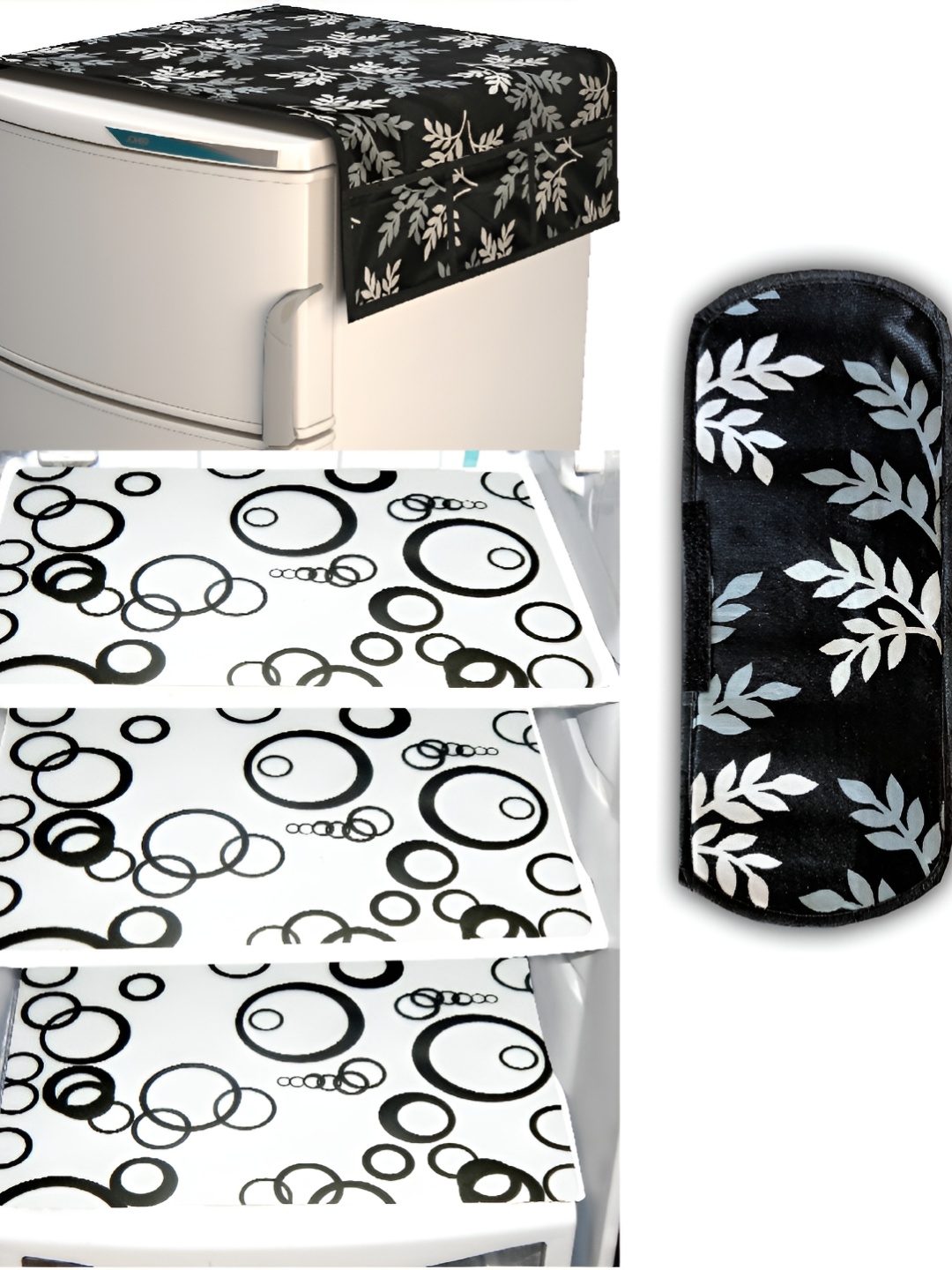 

REVEXO Black & White 5 Pieces Printed Fridge Top Cover Handle Covers & Mats