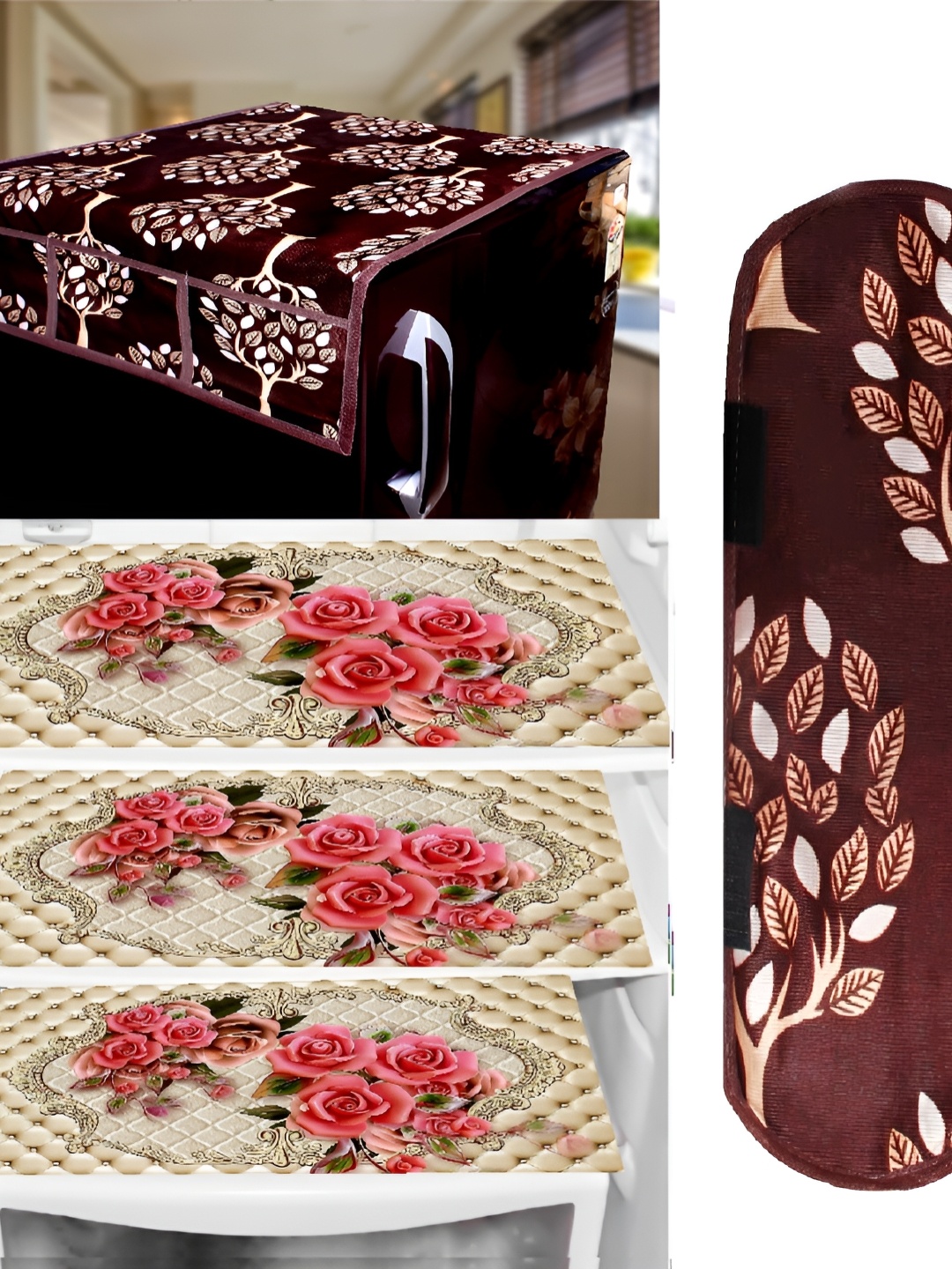 

REVEXO Maroon & Pink 5Pcs Printed Refrigerator Covers Mats & Handle Cover