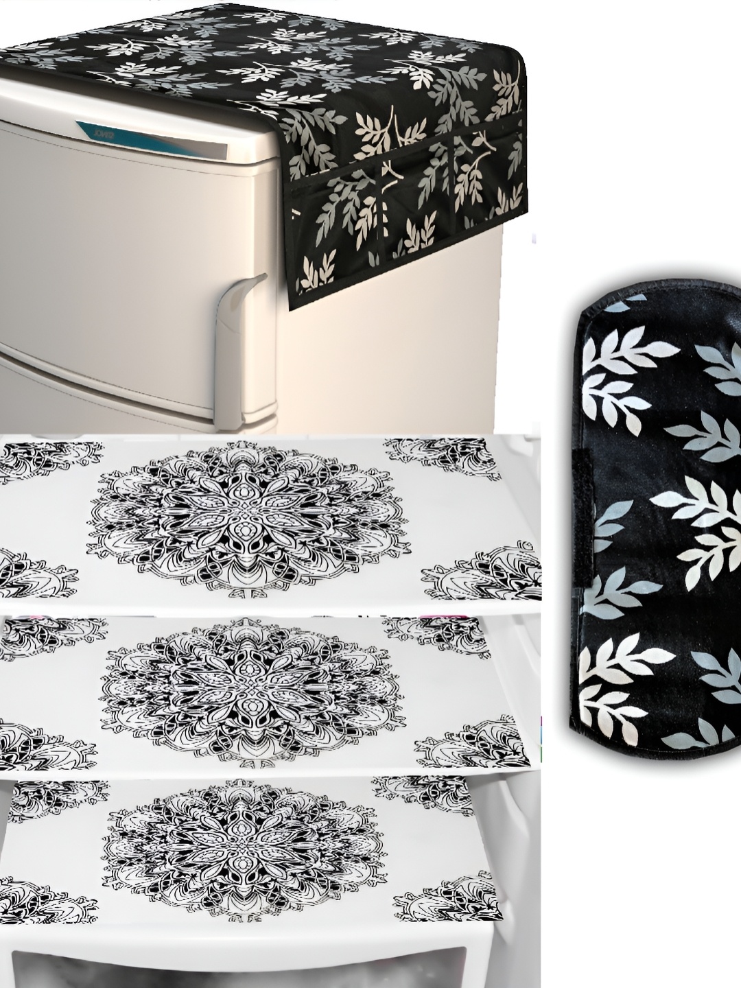 

REVEXO Black & White 5 Pieces Printed Fridge Top Cover Handle Covers & Mats