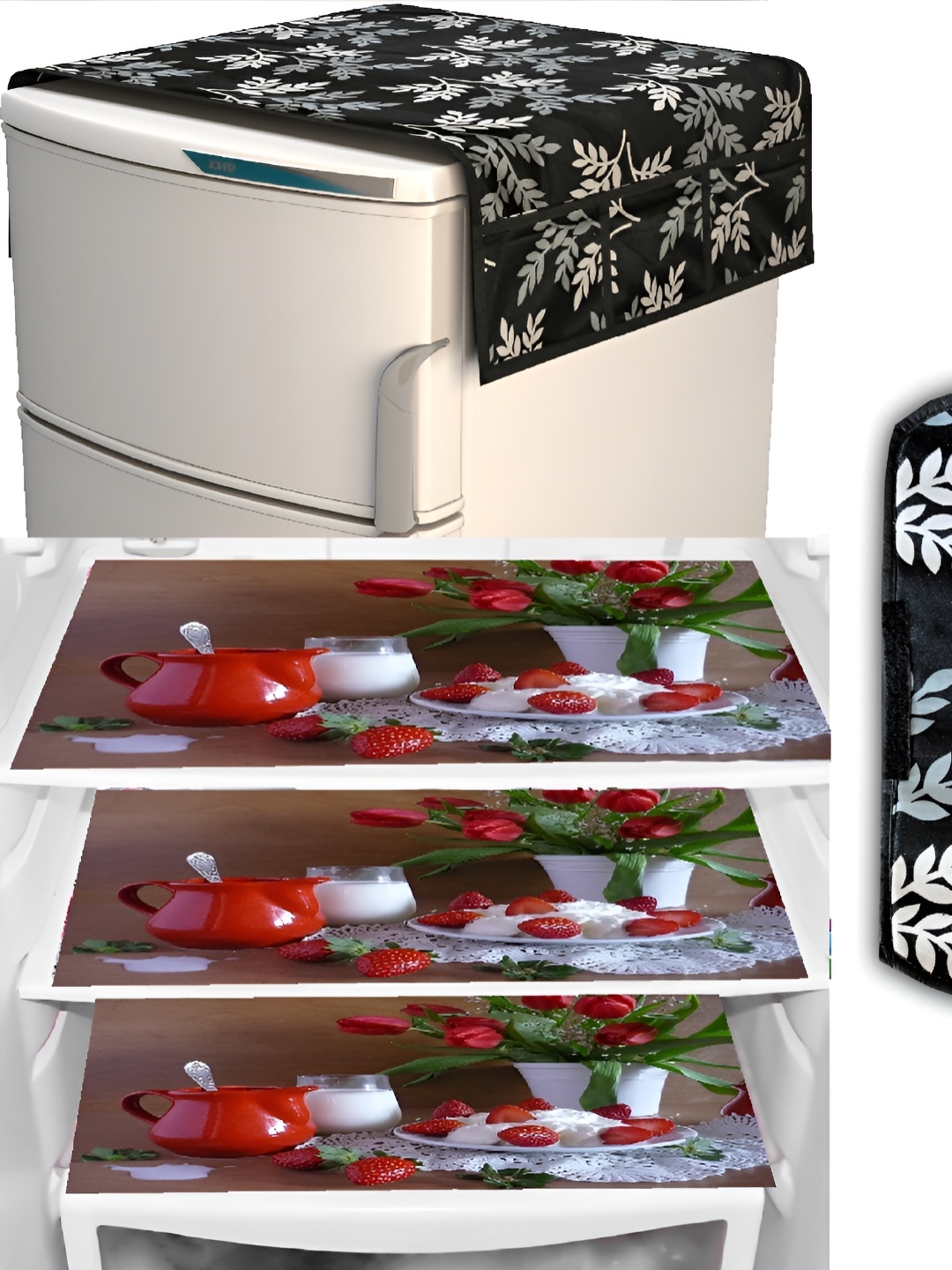 

REVEXO Black & Red 5 Pieces Printed Fridge Top Cover Handle Covers & Mats