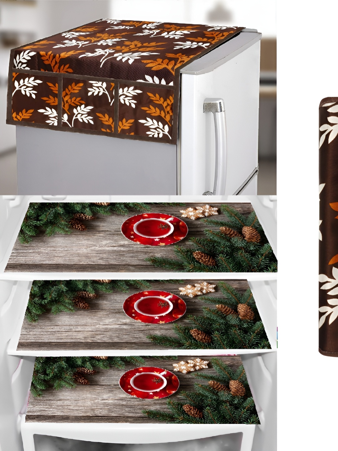 

REVEXO Brown & Green 5 Pieces Printed Fridge Top Cover Handle Covers & Mats