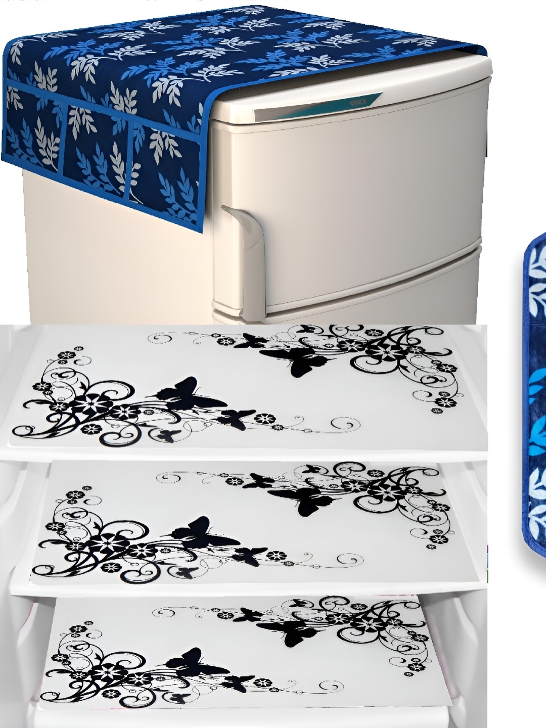 

REVEXO White & Blue 5 Pieces Printed Fridge Top Cover Handle Covers & Mats