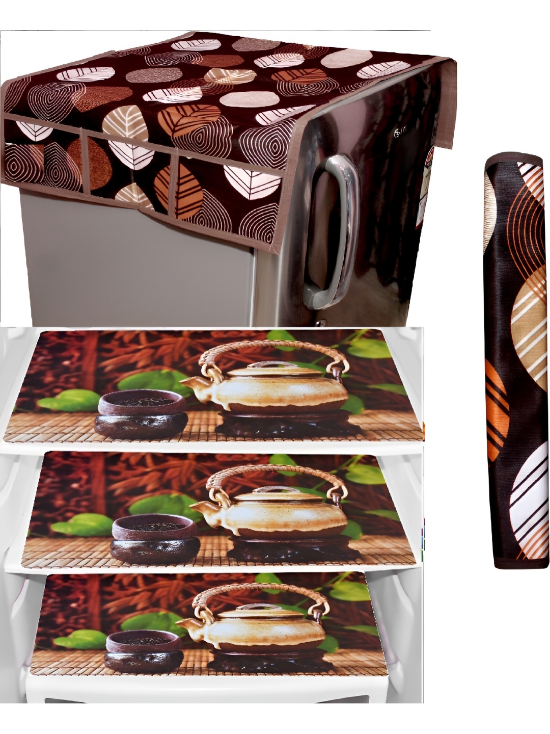 

REVEXO Brown & Green 5 Pieces Printed Fridge Top Cover Handle Covers & Mats