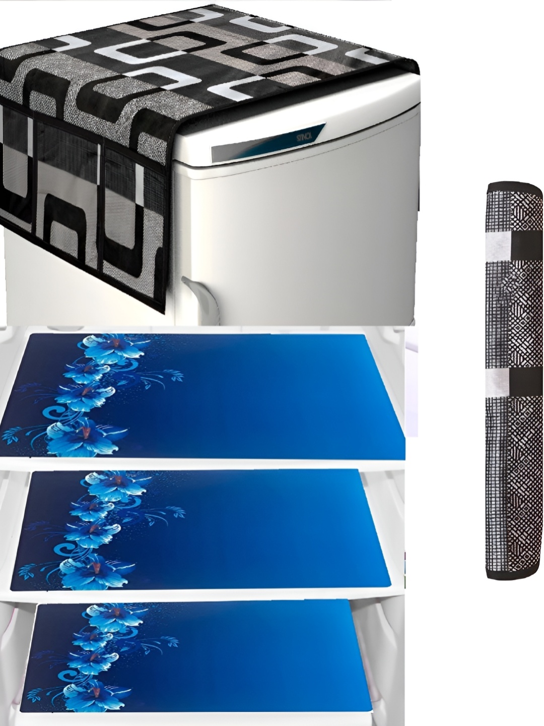 

REVEXO Black & Blue 5 Pieces Refrigerator Covers Mats & Handle Cover