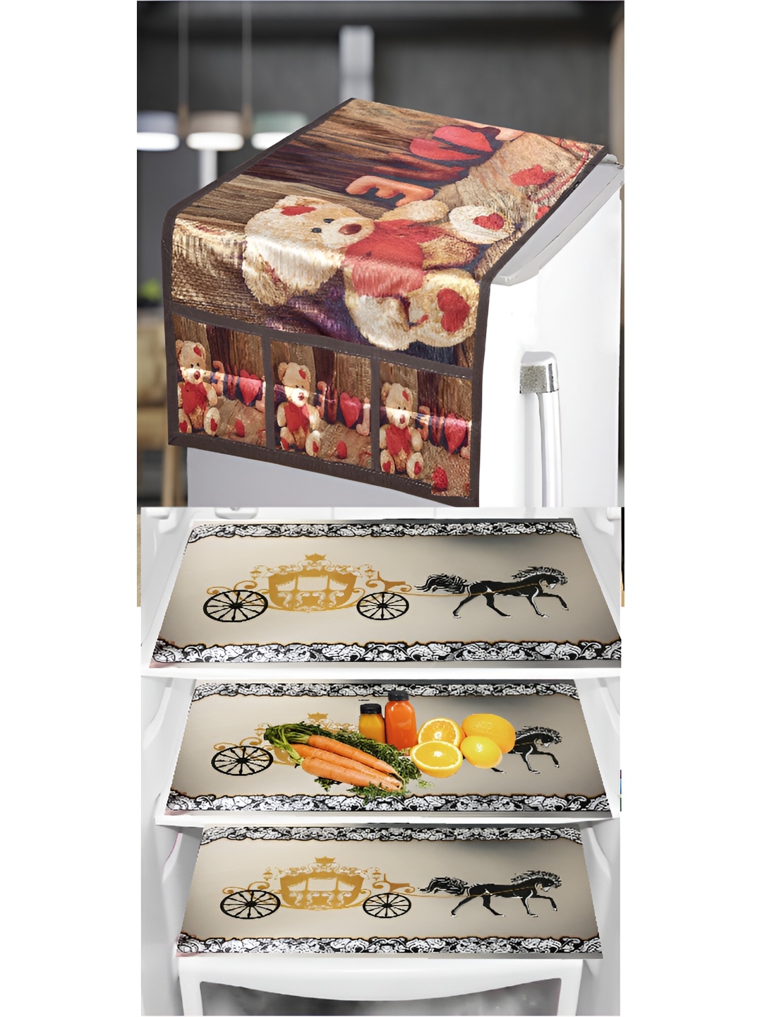 

REVEXO Brown & White 4 Pieces Printed Fridge Top Cover Handle Covers & Mats