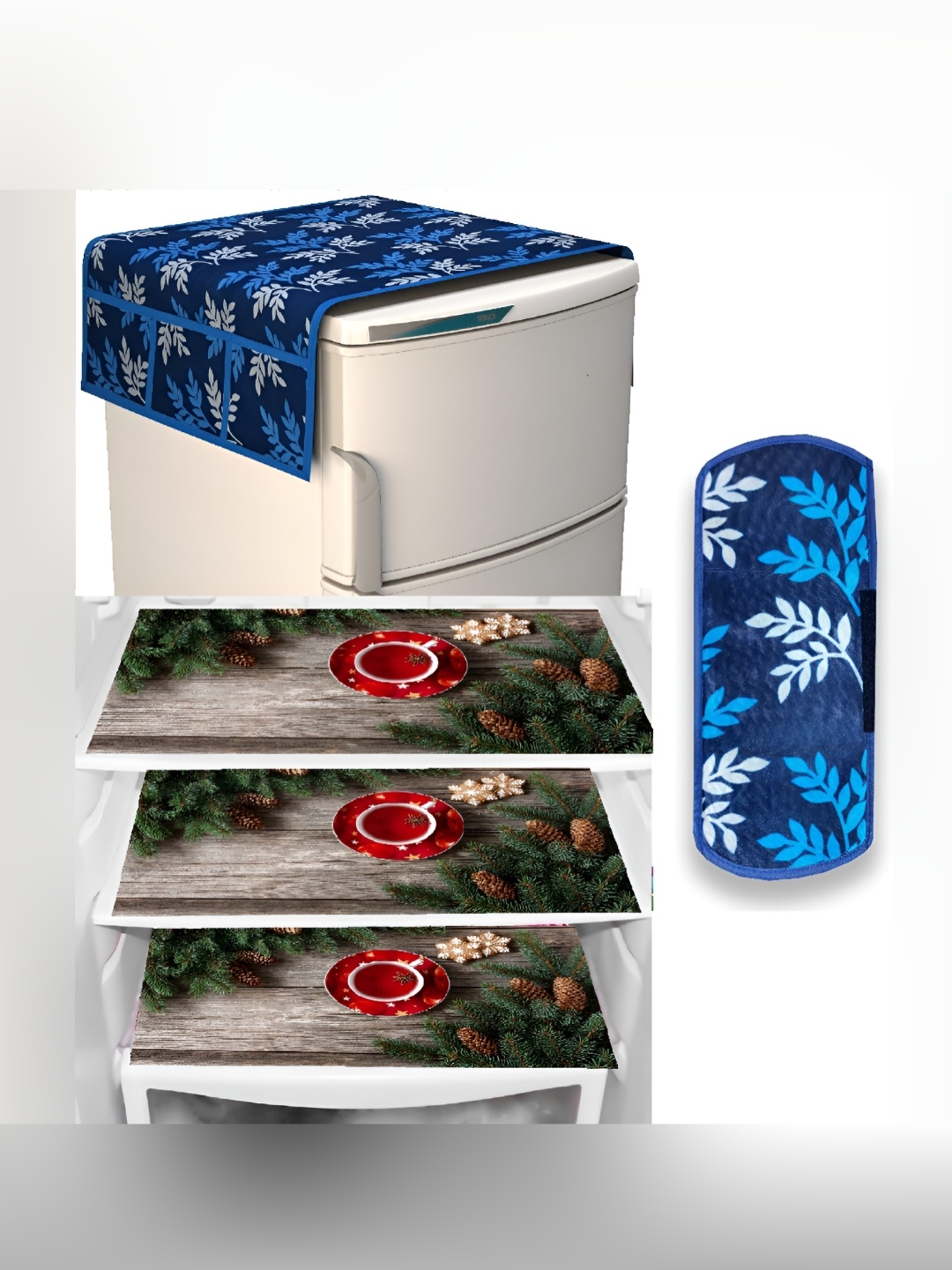 

REVEXO Blue & Green 5 Pieces Refrigerator Covers Mats & Handle Cover