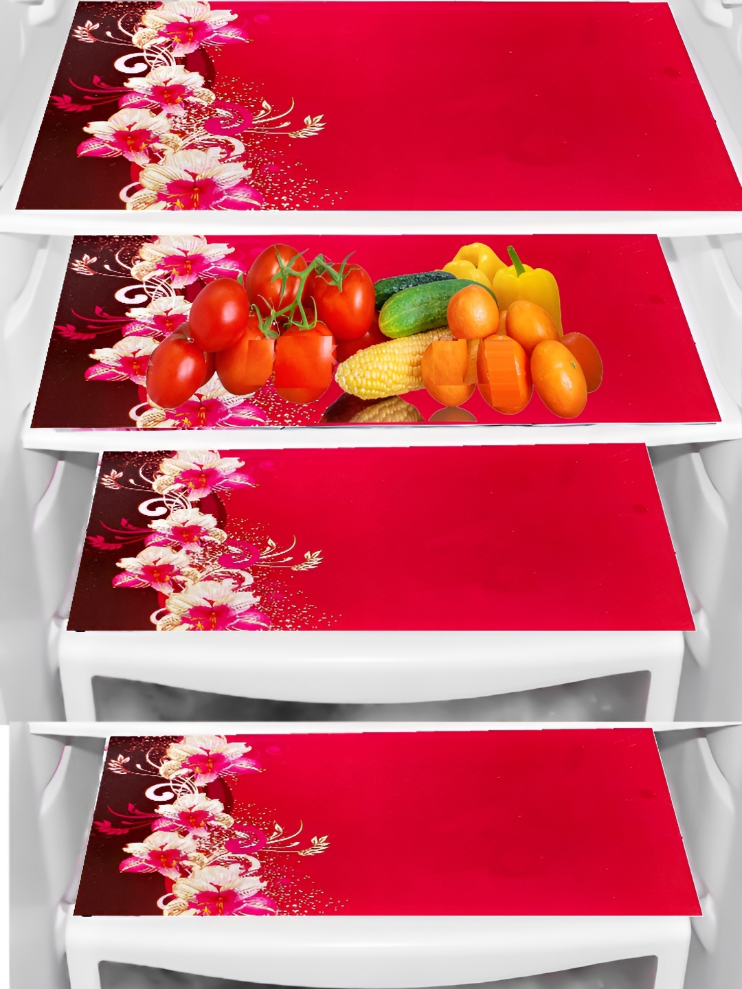 

REVEXO Red & Pink 4 Pieces Printed Fridge Mat