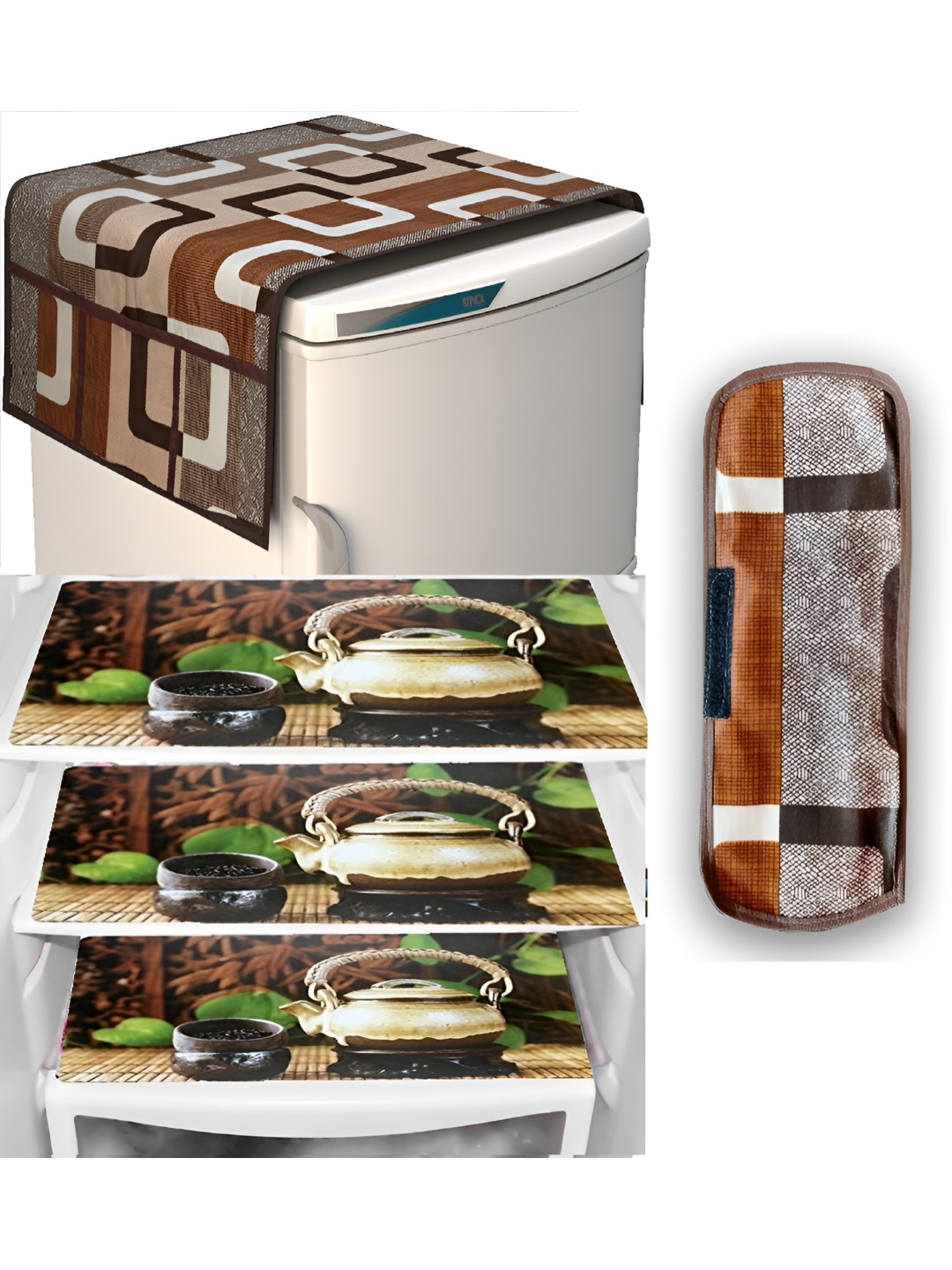 

REVEXO Brown & Green 5 Pieces Printed Fridge Top Cover Handle Covers & Mats