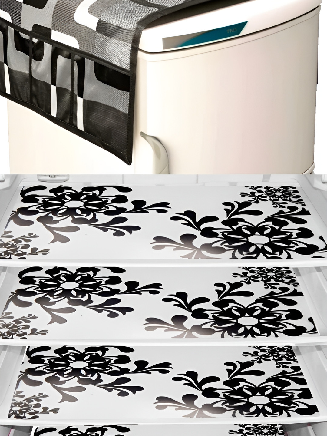 

REVEXO Black & White 5 Pieces Floral Printed Refrigerator Covers Mats & Handle Cover